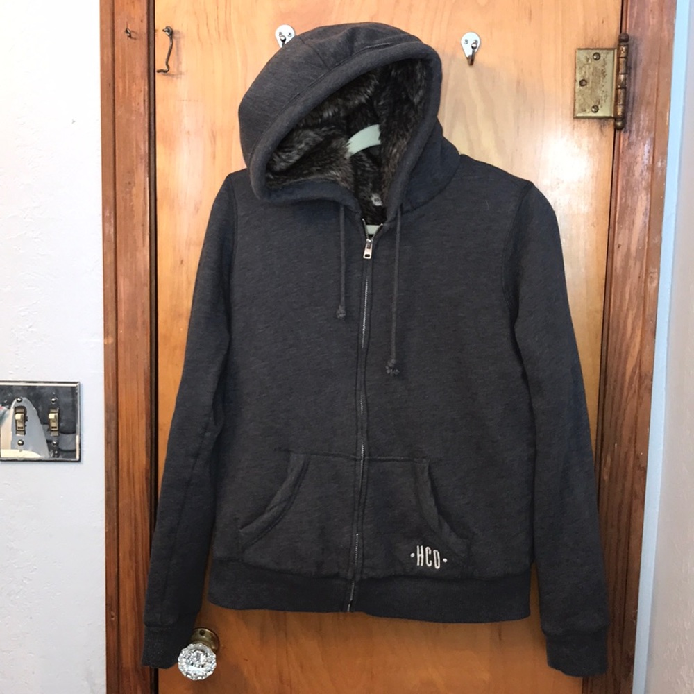 L Hollister Faux Fur lined hoodie Grey